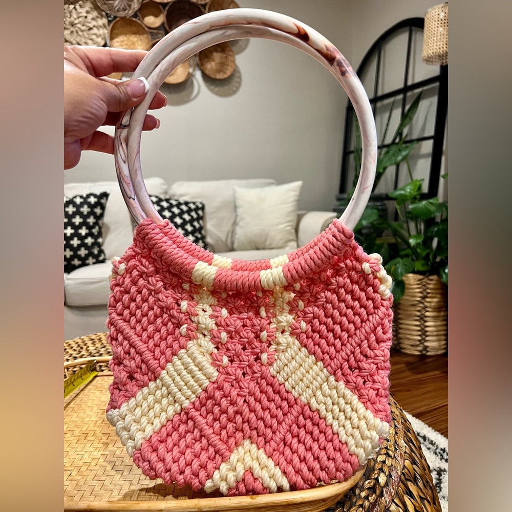 Vintage Macrame Handbag with Circle Round Resin Handles MCM